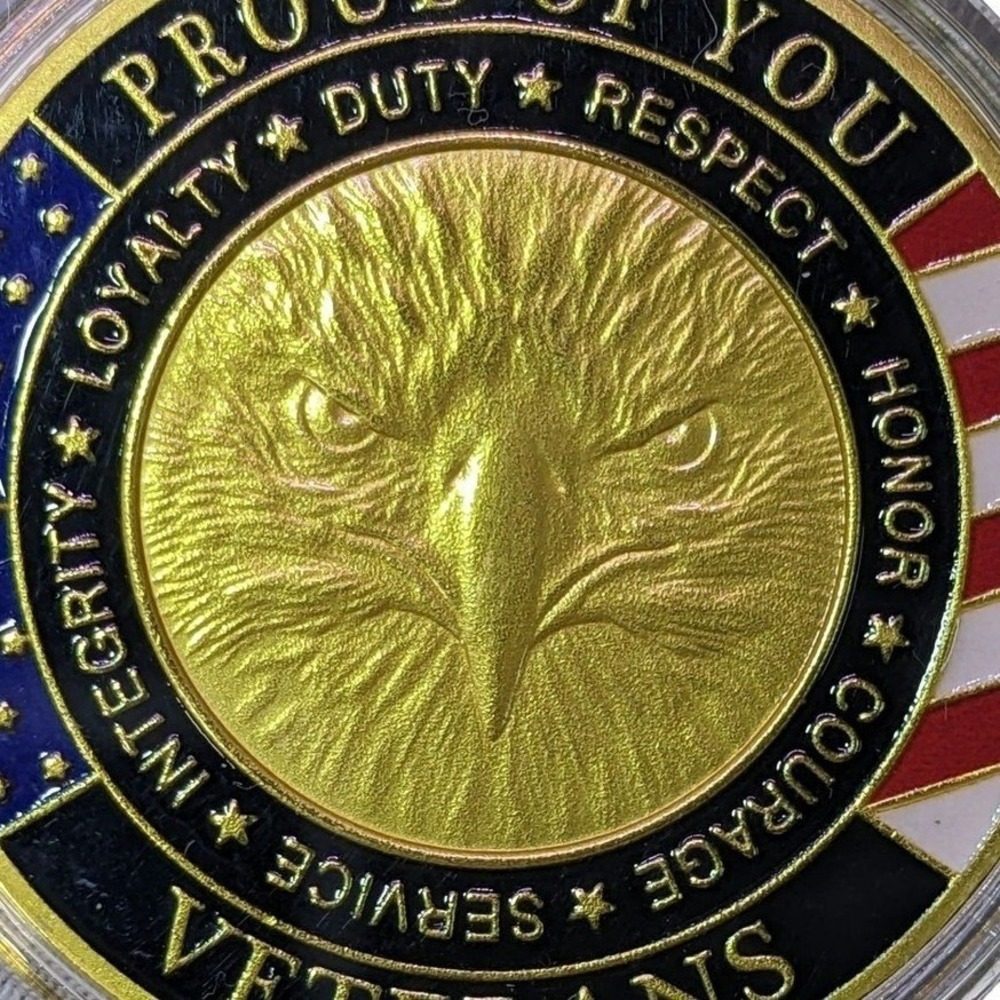 Veterans Challenge Coin Gold Tone Eagle Enamel Double Sided Medal - Picture 3 of 4